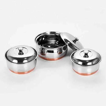 Stainless Steel Copper Bottom Multipurpose Cook & Serve Handi With Lid - Set of 3 - Mytrendzcart