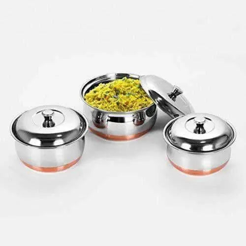 Stainless Steel Copper Bottom Multipurpose Cook & Serve Handi With Lid - Set of 3 - Mytrendzcart