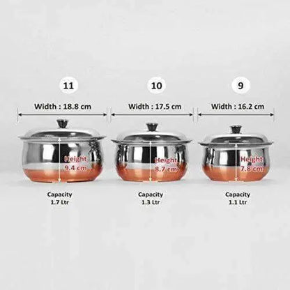 Stainless Steel Copper Bottom Multipurpose Cook & Serve Handi With Lid - Set of 3 - Mytrendzcart