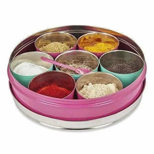 Stainless Steel Made Masala Box Spice Box Masala Dabba Container With Glass Lid 7 Compartments With 1 Spoon -Yellow - Mytrendzcart