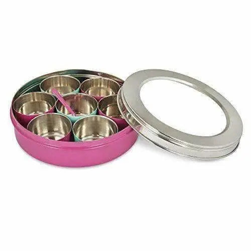 Stainless Steel Made Masala Box Spice Box Masala Dabba Container With Glass Lid 7 Compartments With 1 Spoon -Yellow - Mytrendzcart