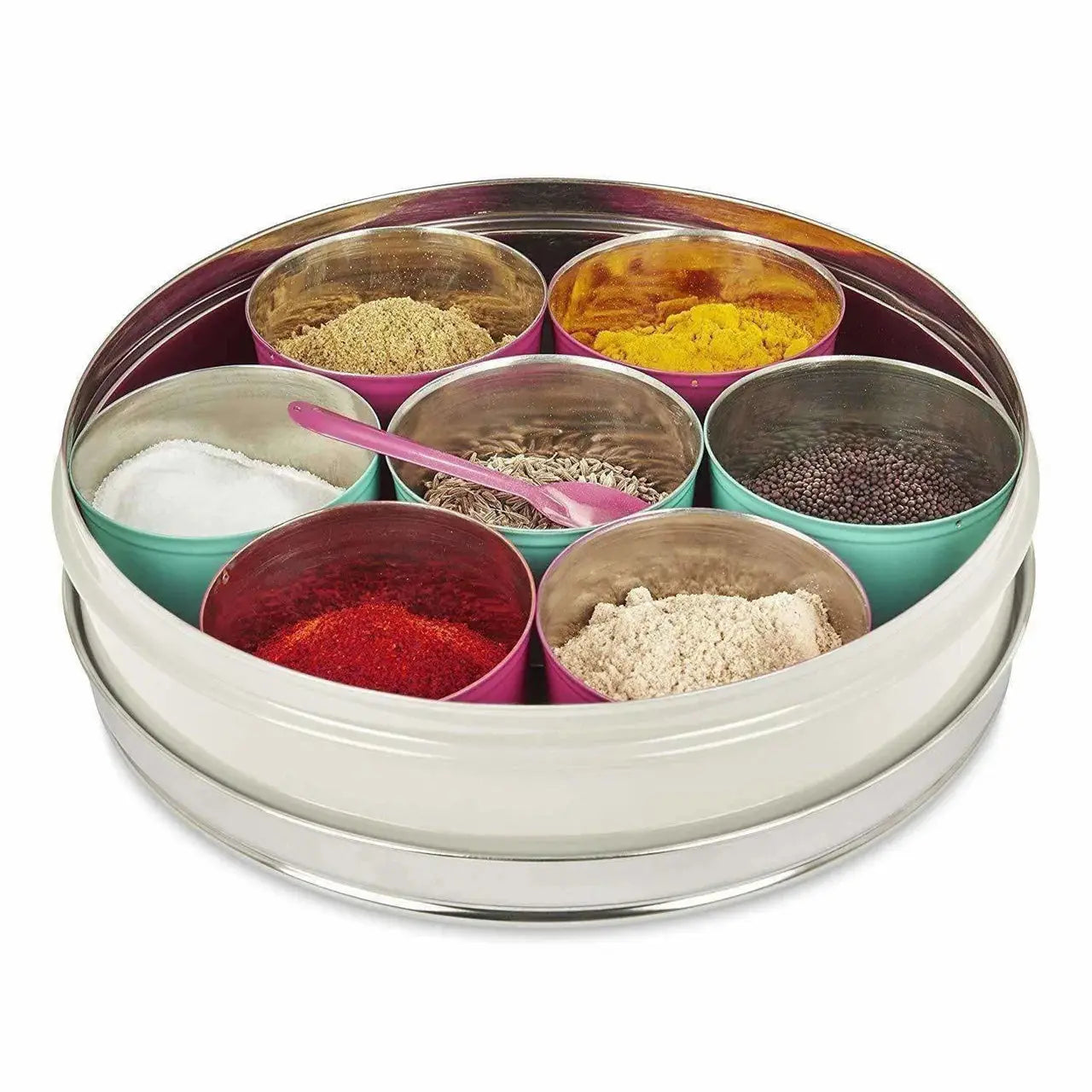 Stainless Steel Made Masala Box Spice Box Masala Dabba Container With Glass Lid 7 Compartments With 1 Spoon -Yellow - Mytrendzcart