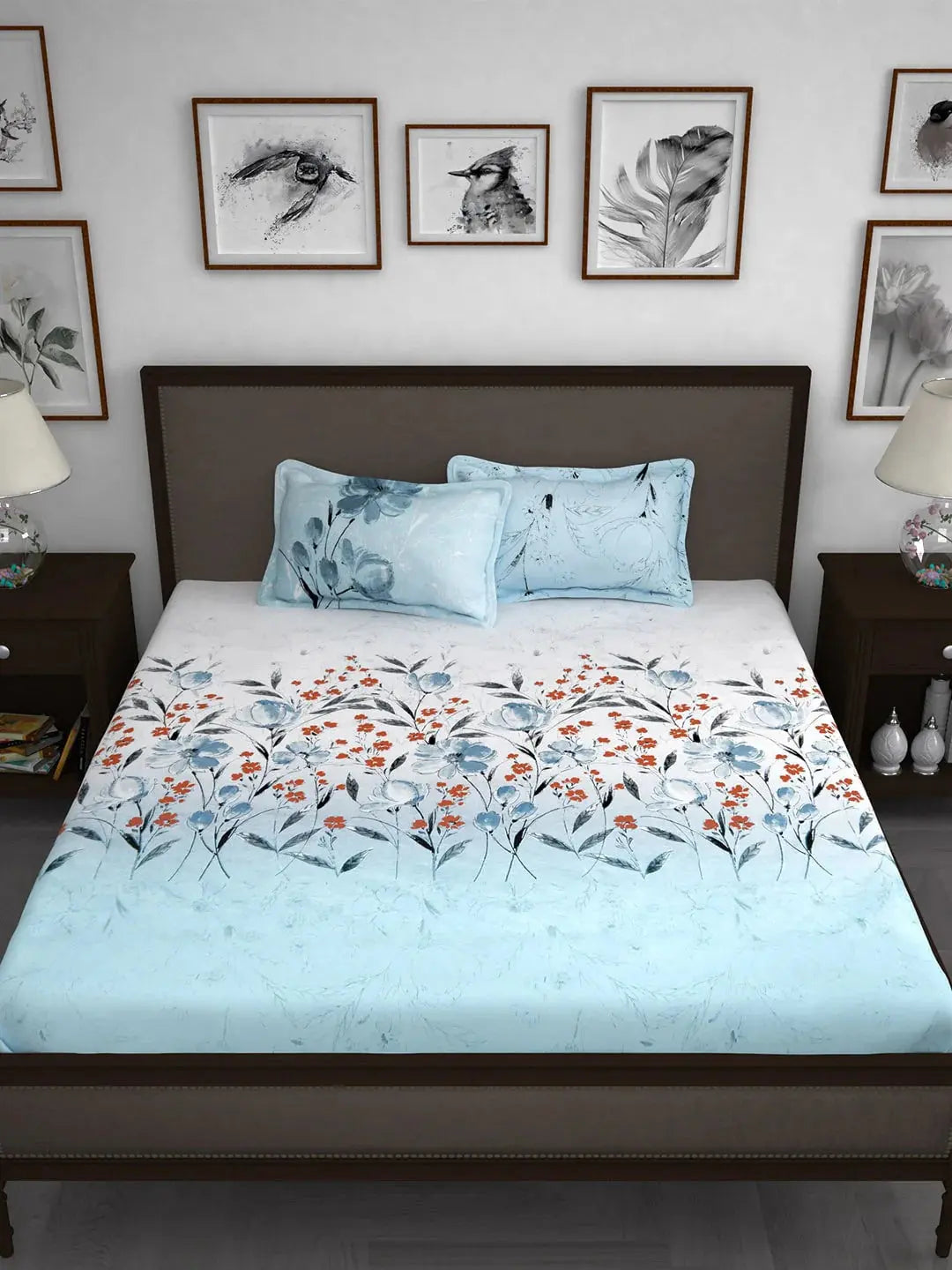 Story@home White & Blue Floral 210 TC Cotton 1 King Bedsheet with 2 Pillow Covers -Super King - Mytrendzcart