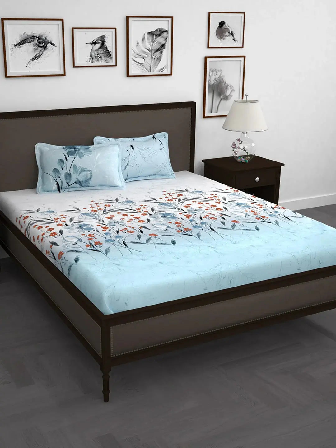 Story@home White & Blue Floral 210 TC Cotton 1 King Bedsheet with 2 Pillow Covers -Super King - Mytrendzcart