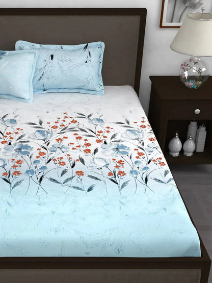 Story@home White & Blue Floral 210 TC Cotton 1 King Bedsheet with 2 Pillow Covers -Super King - Mytrendzcart