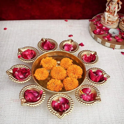 TIED RIBBONS Decorative Urli Bowl for Home Decor with 10 attached Oil Diyas for Floating Flowers and Tealight Candles (29 cm x 5 cm) - Decoration Items for Living Room Bedroom Table Pooja Room Office - Mytrendzcart