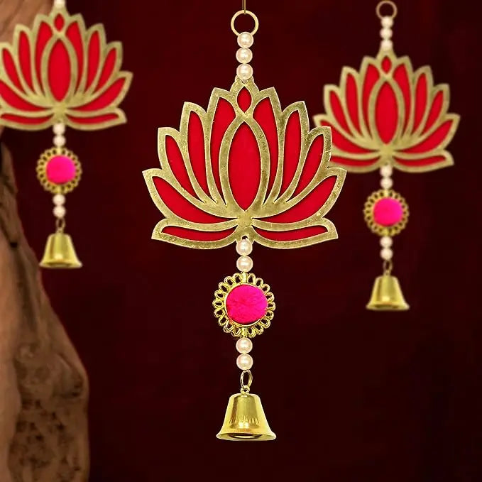 TIED RIBBONS Pack of 10 Wall Door Hanging Lotus Latkan Toran with Bells (22.8 cm x 9.6 cm) - Main Door Entrance Pooja Room Home Temple Wedding Festival Decor - Decoration Items for Home Decor - Mytrendzcart
