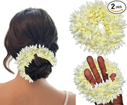 Temperia (2 Pcs) Scented Mogra Gajra Hair Accessories For Women & Girls - Hair Flower Bun Artificial Fake Gajra Scrunchies Rubber Band - Premium & Voluminous, White - Mytrendzcart