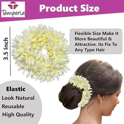Temperia (2 Pcs) Scented Mogra Gajra Hair Accessories For Women & Girls - Hair Flower Bun Artificial Fake Gajra Scrunchies Rubber Band - Premium & Voluminous, White - Mytrendzcart