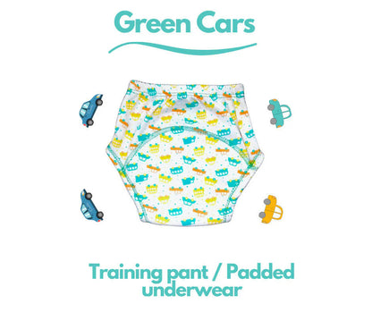 Kindermum Cotton Padded Pull Up Training Pants/Padded Underwear For Kids Peachy Star & Green Car-Set of 2 pcs -Small (7-9 Kgs) - set of 2 Mytrendzcart