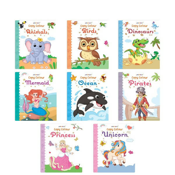 Jolly Kids Big Copy Colour Books Set of 8| Colouring Theme Animals, Flowers, Dinosaurs, Mermaid, Ocean, Pirates, Princess & Unicorn Ages 3-10 Years - Mytrendzcart