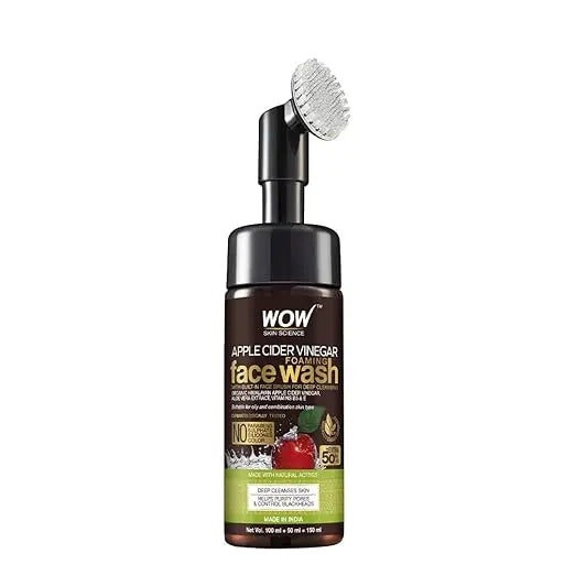 WOW Skin Science Apple Cider Vinegar Foaming Face Wash - with Organic Certified Himalayan Apple Cider Vinegar - No Parabens, Sulphate, Silicones & Color (with Built-in Brush),150ml - Mytrendzcart