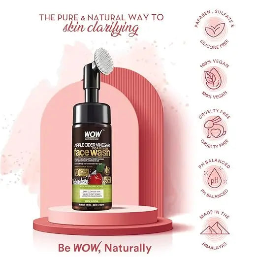 WOW Skin Science Apple Cider Vinegar Foaming Face Wash - with Organic Certified Himalayan Apple Cider Vinegar - No Parabens, Sulphate, Silicones & Color (with Built-in Brush),150ml - Mytrendzcart