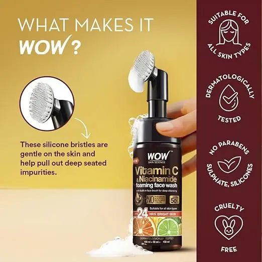 WOW Skin Science Brightening Vitamin C & Niacinamide Foaming Face Wash | For Brighter Glow | Built-in Brush for Deep Cleansing | Brightens Skin Tone & Reduces Pigmentation | Face Wash for Women & Men | 150ml - Mytrendzcart