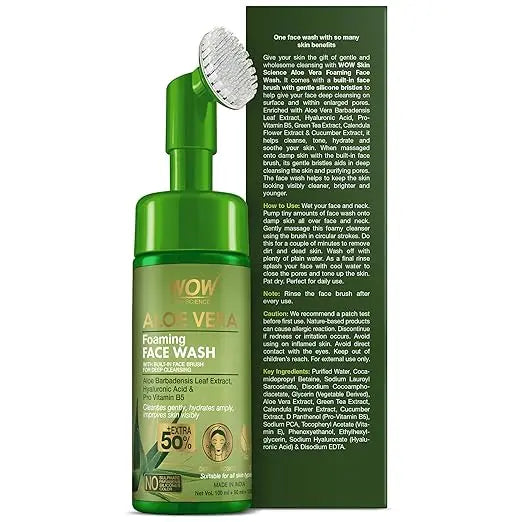 WOW Skin Science Foaming Aloe Vera Face Wash | Built in Brush for Deep Cleansing | For Oily & Dry Skin | Anti Acne | Gentle, Clear Skin | Paraben & Sulphates Free | Face Wash for Women & Men | 150 ml - Mytrendzcart