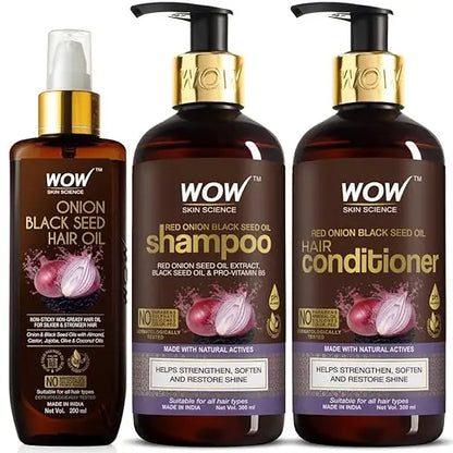 WOW Skin Science Ultimate Onion Oil Hair Care Kit for Hair Fall Control - Shampoo 300ml + Conditioner 300ml + Onion Hair Oil 200ml - Mytrendzcart