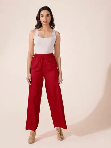 Women Solid Bright Red Woven Viscose Mid Rise Basic Palazzos - Mytrendzcart