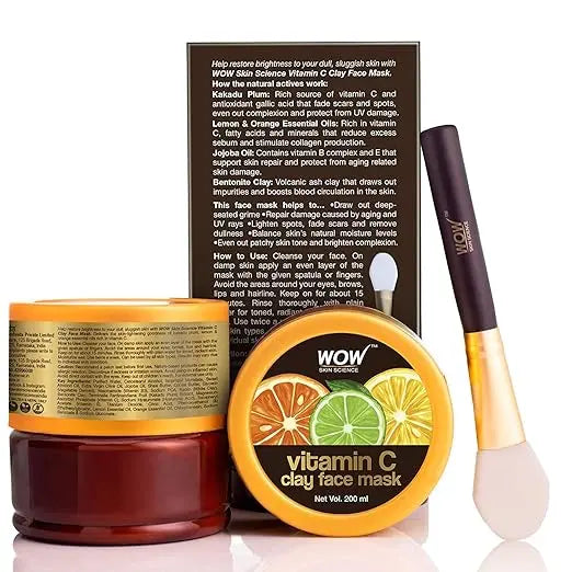 Wow Skin Science Vitamin C Glow Clay Face Mask With Lemon & Orange Essential Oils, Jojoba Oil & Bentonite Clay - For All Skin Types - No Parabens, Synthetic Fragrance, Mineral Oil & Color - 200 Ml - Mytrendzcart