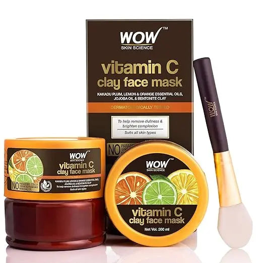 Wow Skin Science Vitamin C Glow Clay Face Mask With Lemon & Orange Essential Oils, Jojoba Oil & Bentonite Clay - For All Skin Types - No Parabens, Synthetic Fragrance, Mineral Oil & Color - 200 Ml - Mytrendzcart