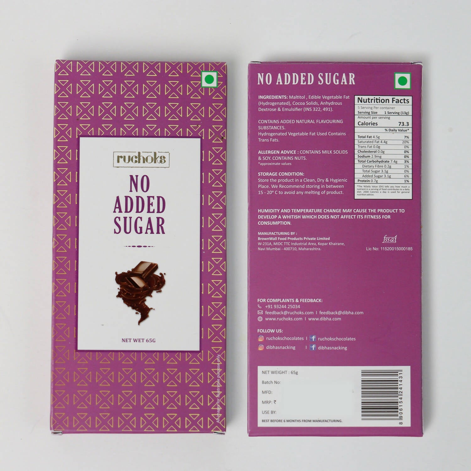 Dibha Ruchoks - No Added Sugar Chocolate Bar - Mytrendzcart