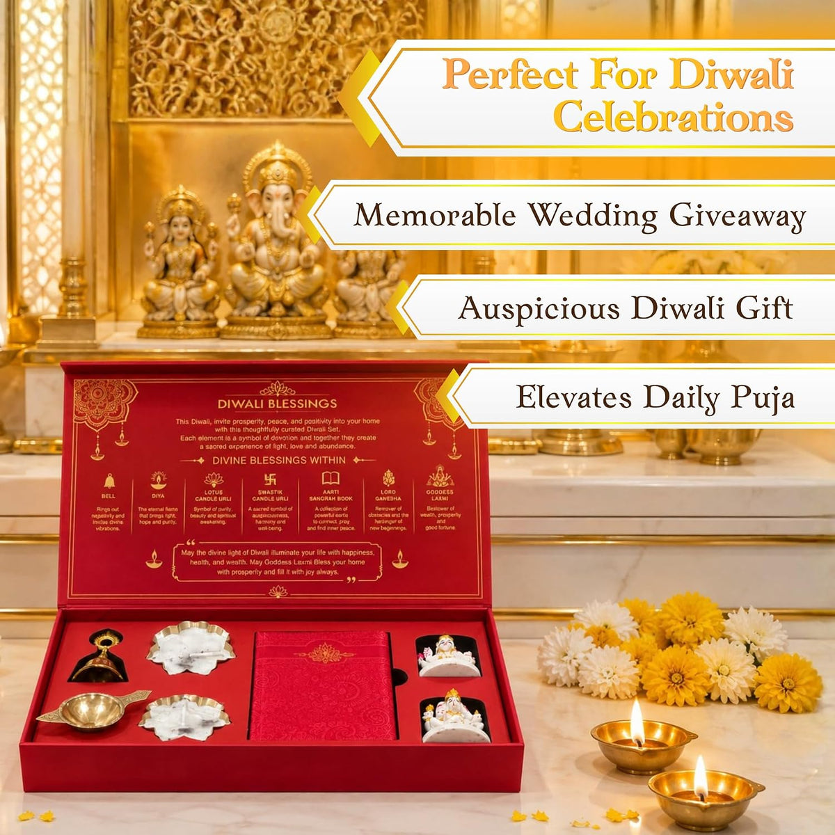 Aarti Sangrah Diwali Pooja Gift Set (Idols, Diya, Bell, Book)