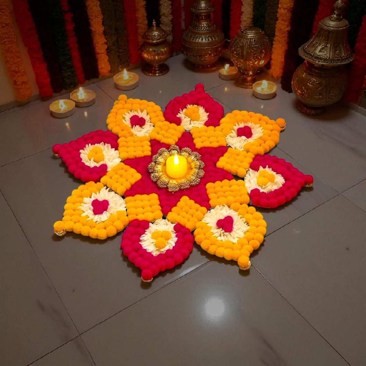 Artificial Marigold Flower Rangoli Mat, 26 Inch