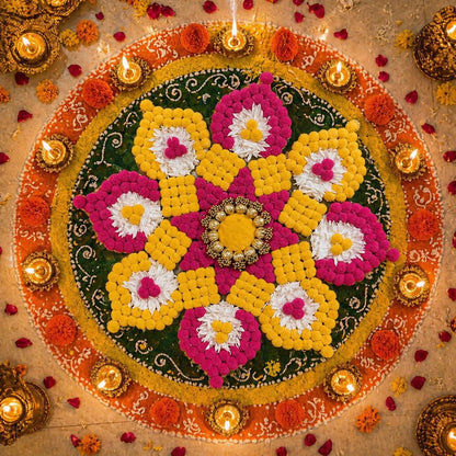 Artificial Marigold Flower Rangoli Mat, 26 Inch
