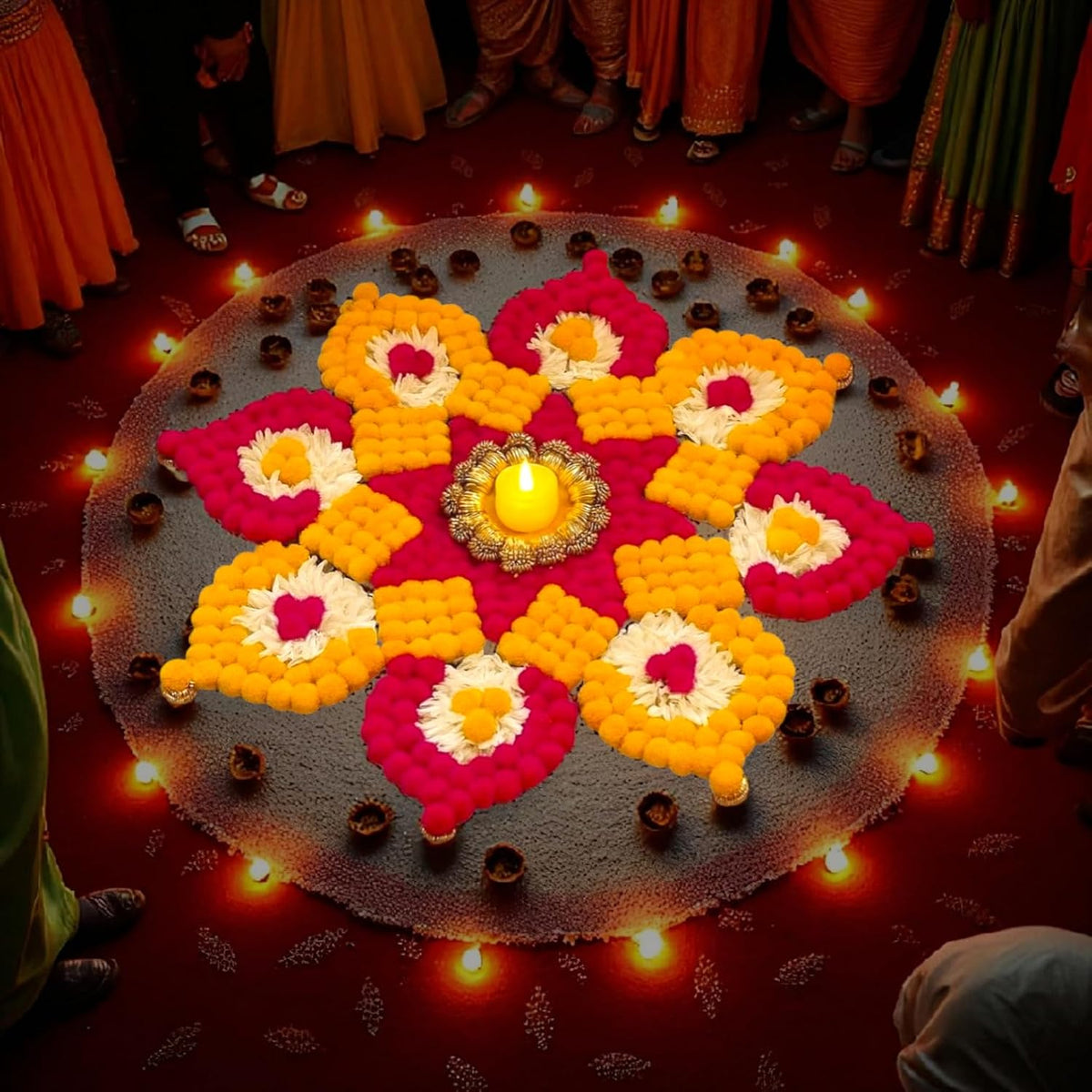 Artificial Marigold Flower Rangoli Mat, 26 Inch