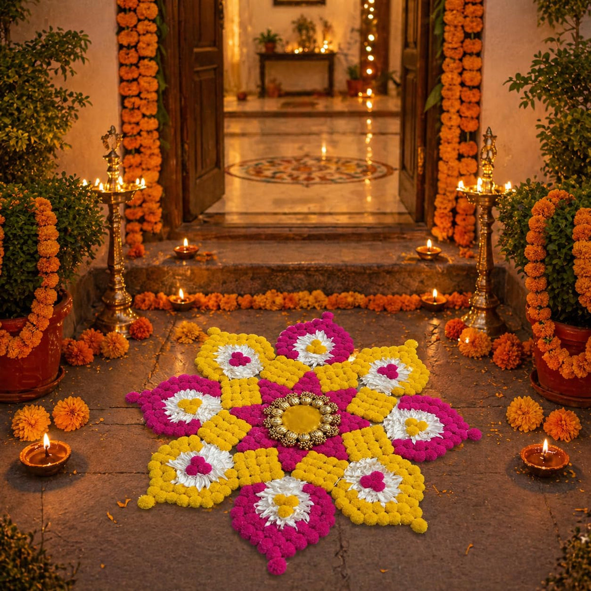 Artificial Marigold Flower Rangoli Mat, 26 Inch