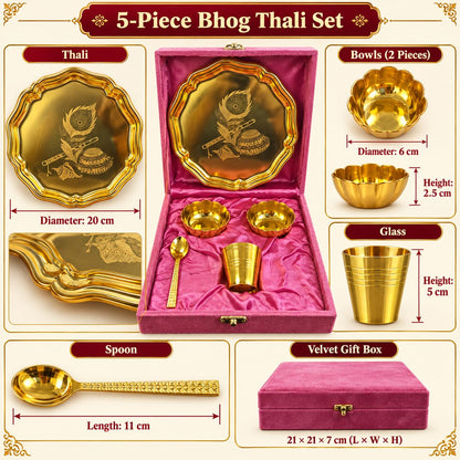 Bhog Thali Set, Gold Plated Finish (5 Pcs, Velvet Box)