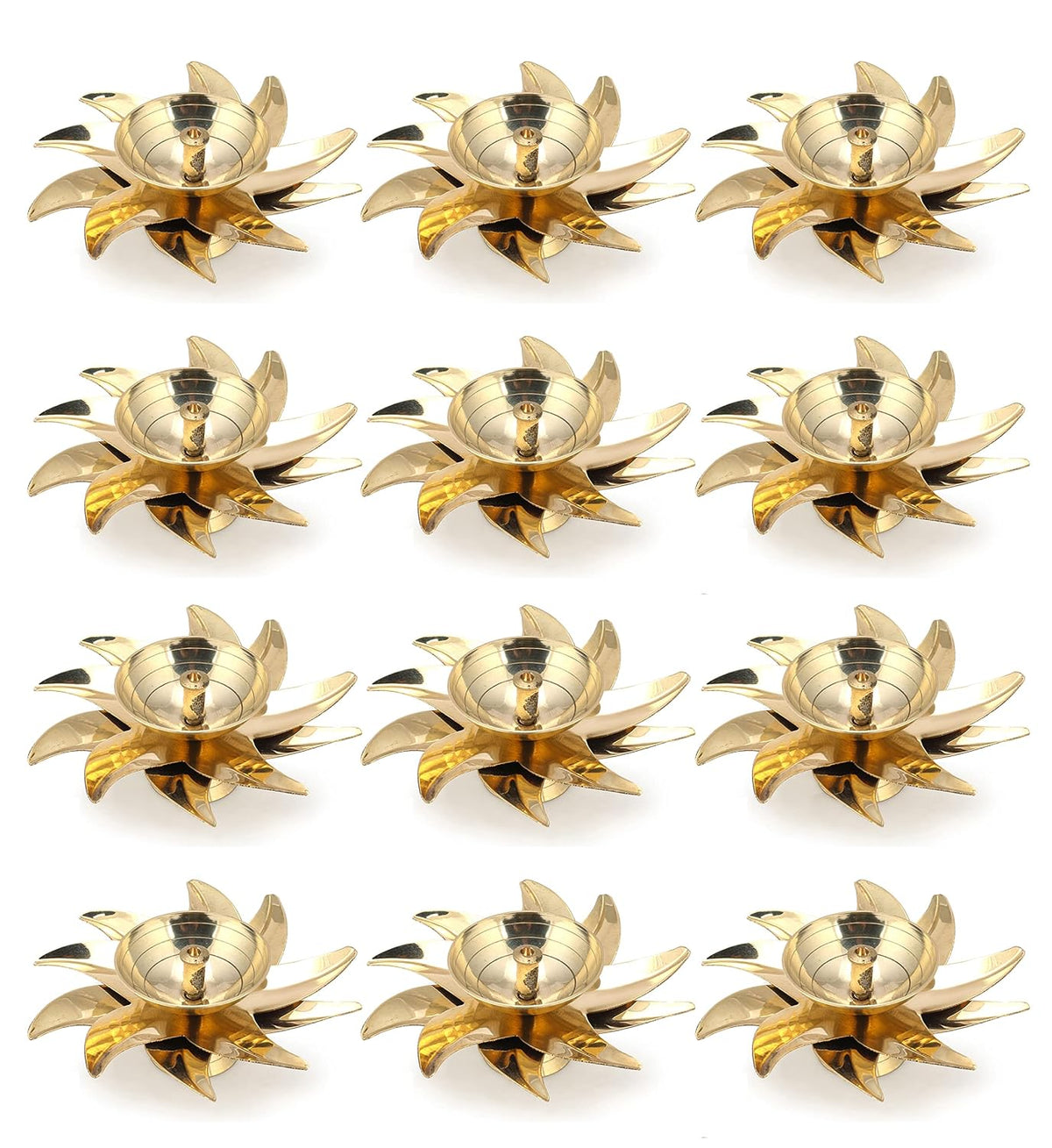 Brass Flower Diyas, 3 Inch (Set of 12)