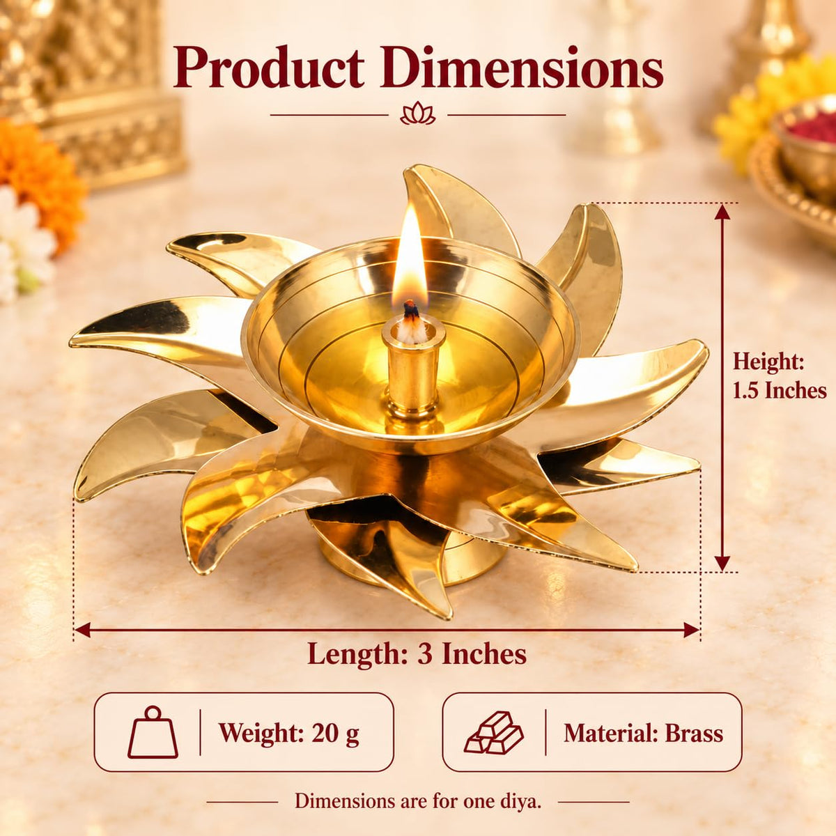 Brass Flower Diyas, 3 Inch (Set of 12)