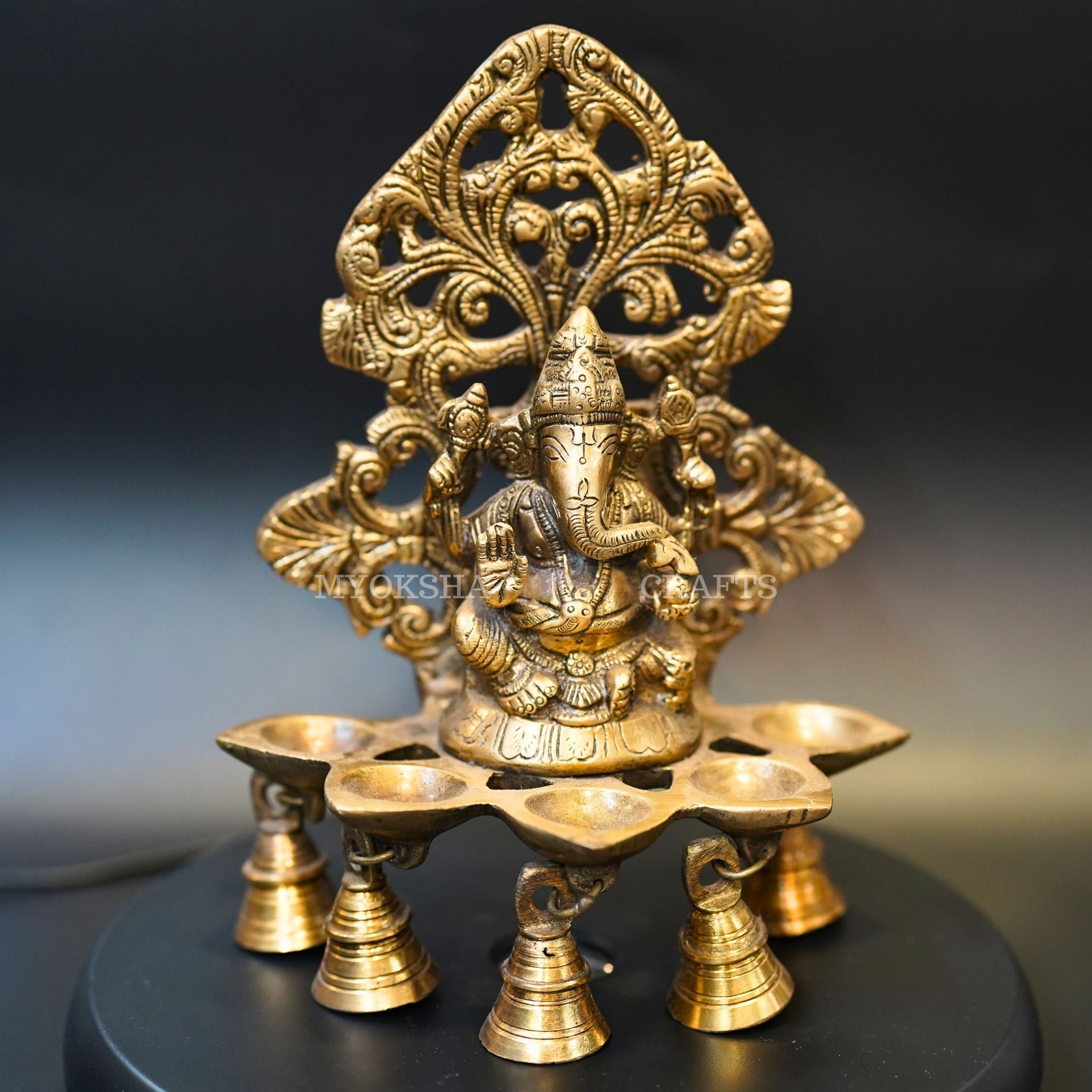 Brass Ganesha Wall Diya: Five Oil Wick - Mytrendzcart