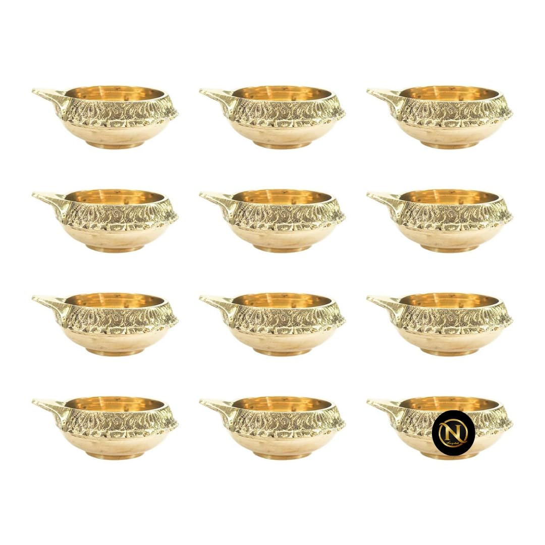 Brass Kuber Diyas with Engraved Rim (Set of 12)