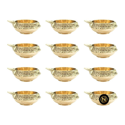 Brass Kuber Diyas with Engraved Rim (Set of 12)