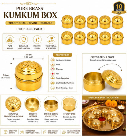Brass Kumkum Dabbi with Om Lid (Pack of 10)