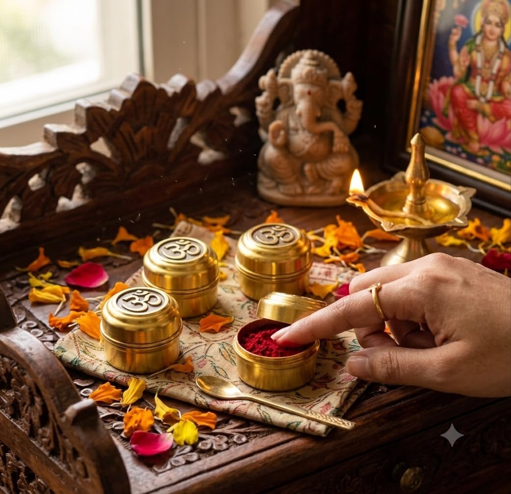 Brass Kumkum Dabbi with Om Lid (Pack of 10)