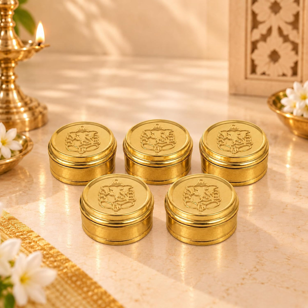 Brass Kumkum Dabbi (Pack of 5)