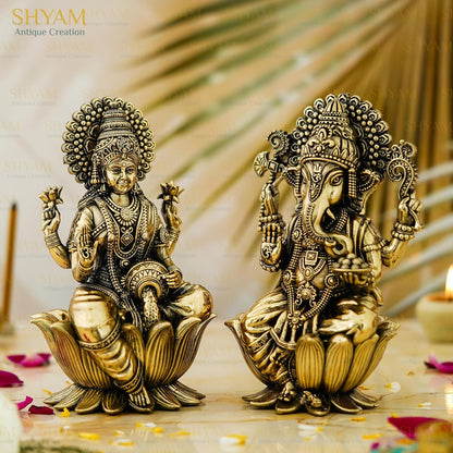 Brass Laxmi Ganesh Idol Pair - 3 Inch Sitting Murti