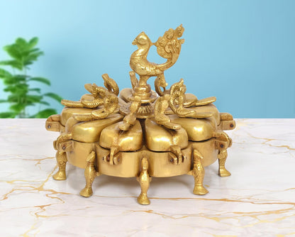 Brass Peacock Kumkum Box, 9 Compartments