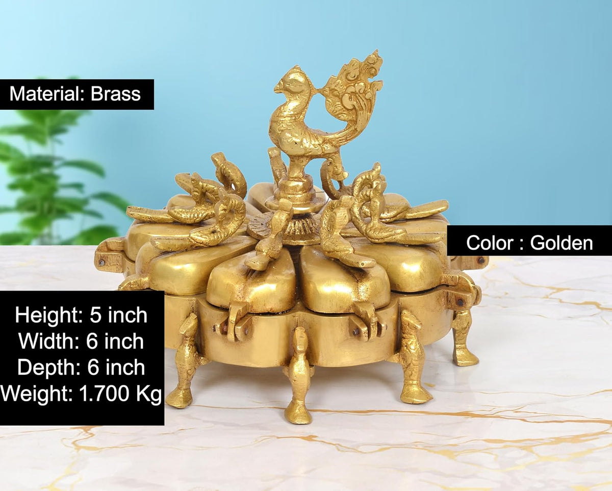 Brass Peacock Kumkum Box, 9 Compartments