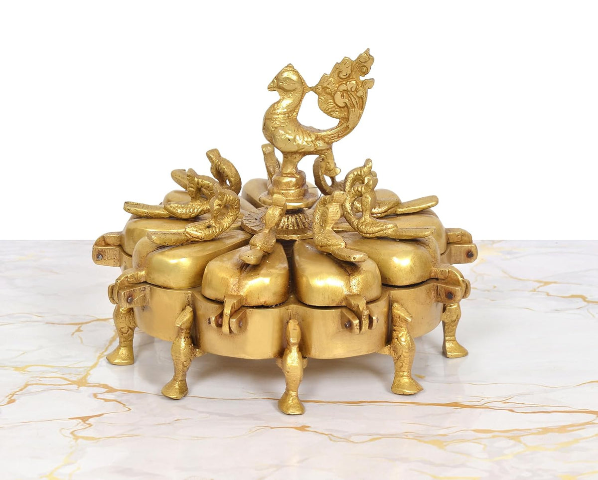 Brass Peacock Kumkum Box, 9 Compartments