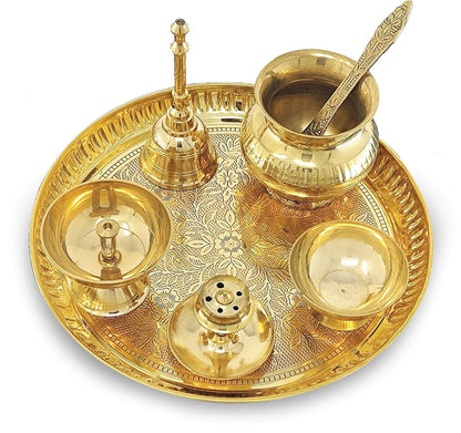 Brass Puja Thali Set, 8 Inch