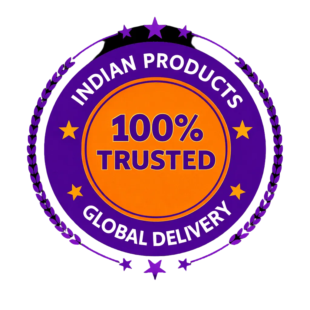 Logo with 'Indian Products 100% Trusted Global Delivery' text on a black background