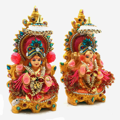 Handcrafted Clay Laxmi Ganesh Idol Pair - Eco-Friendly Terracotta Murti