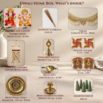 Diwali Pooja Gift Box, 12 Essentials (Brass Thali, Idols, Diya)