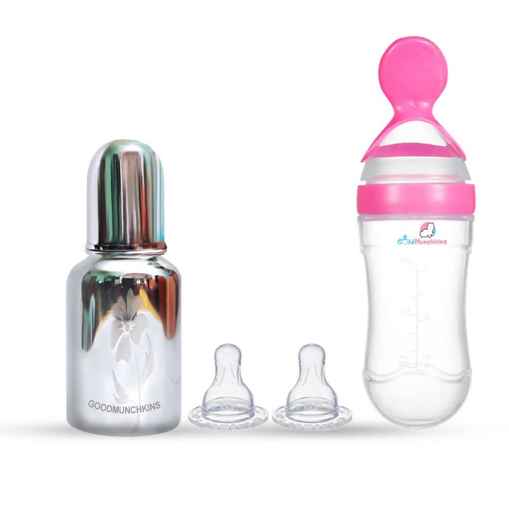 Goodmunchkins Stainless Steel Feeding Bottle & Spoon Food Feeder Anti Colic Silicone Nipple Combo-(Pink,150ml) - Mytrendzcart