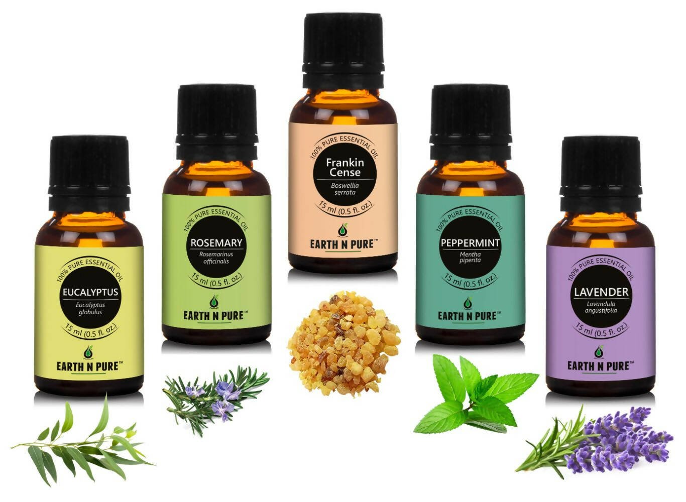 Earth N Pure Essential Oils (Eucalyptus, Rosemary, Lavender, Frankincense & Peppermint) Combo - Mytrendzcart