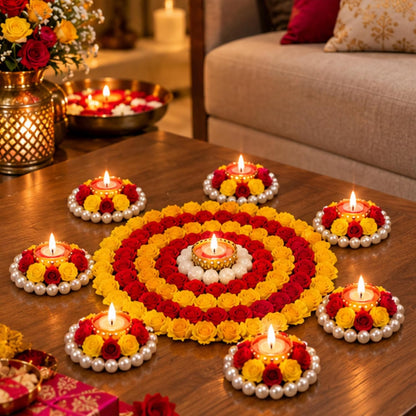Flower Rangoli with Diya Set (9 Pcs)