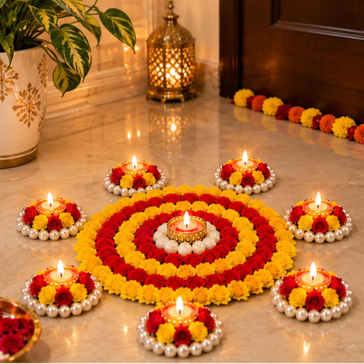 Flower Rangoli with Diya Set (9 Pcs)